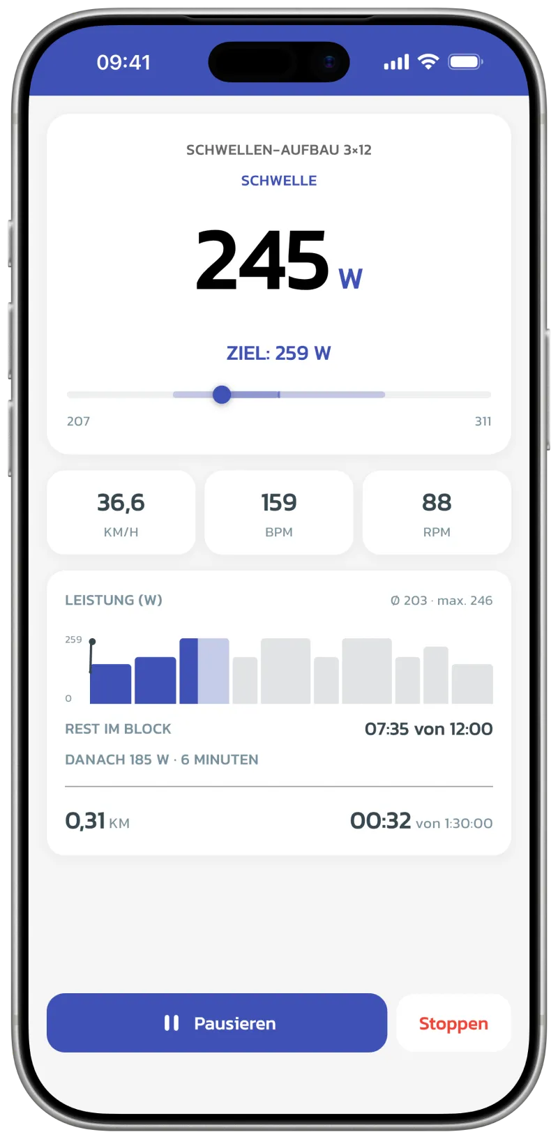 App screenshot: workout perform