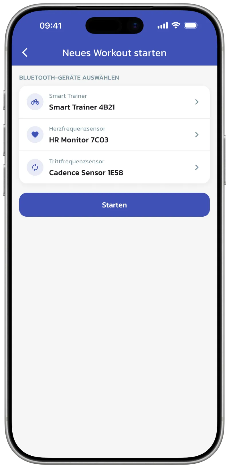 App screenshot: workout start