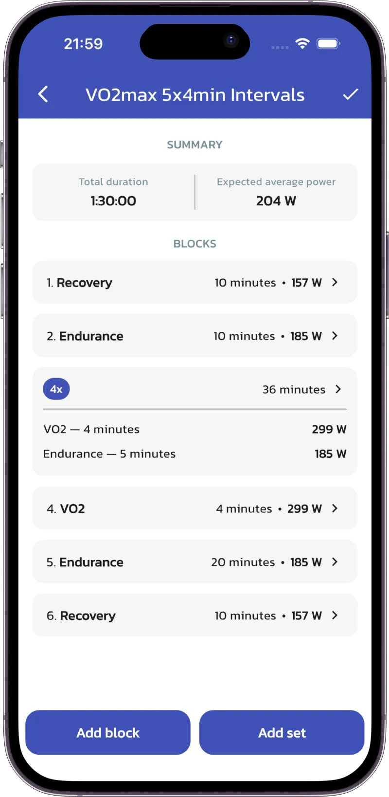 App screenshot: workout create