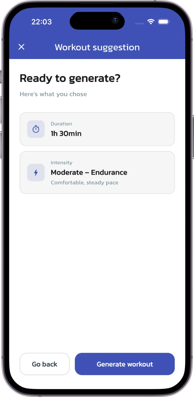 AI workout generator screen