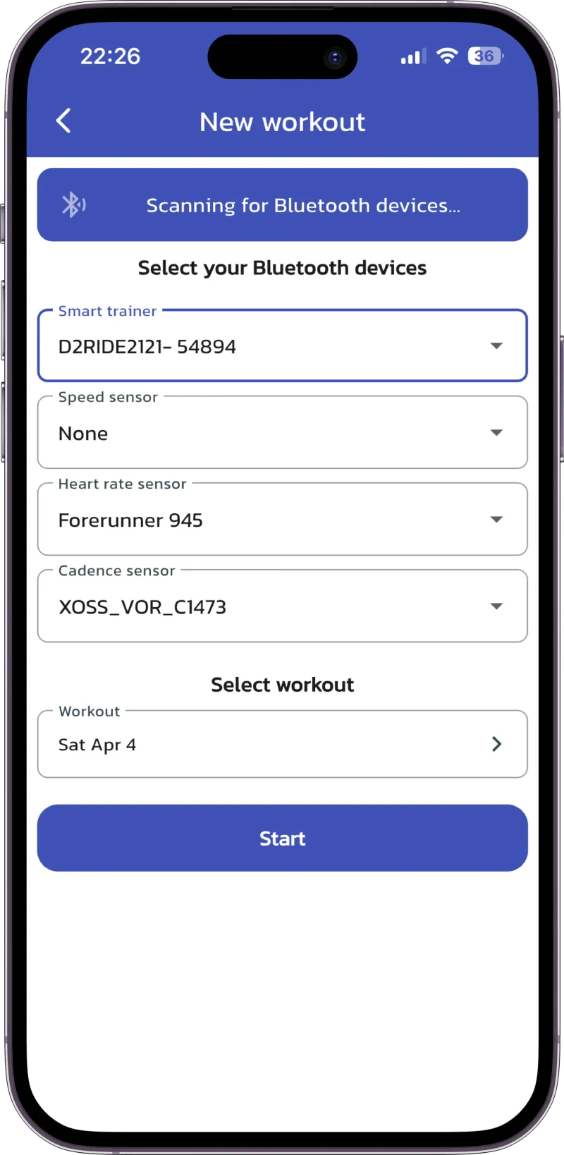 App screenshot: workout start