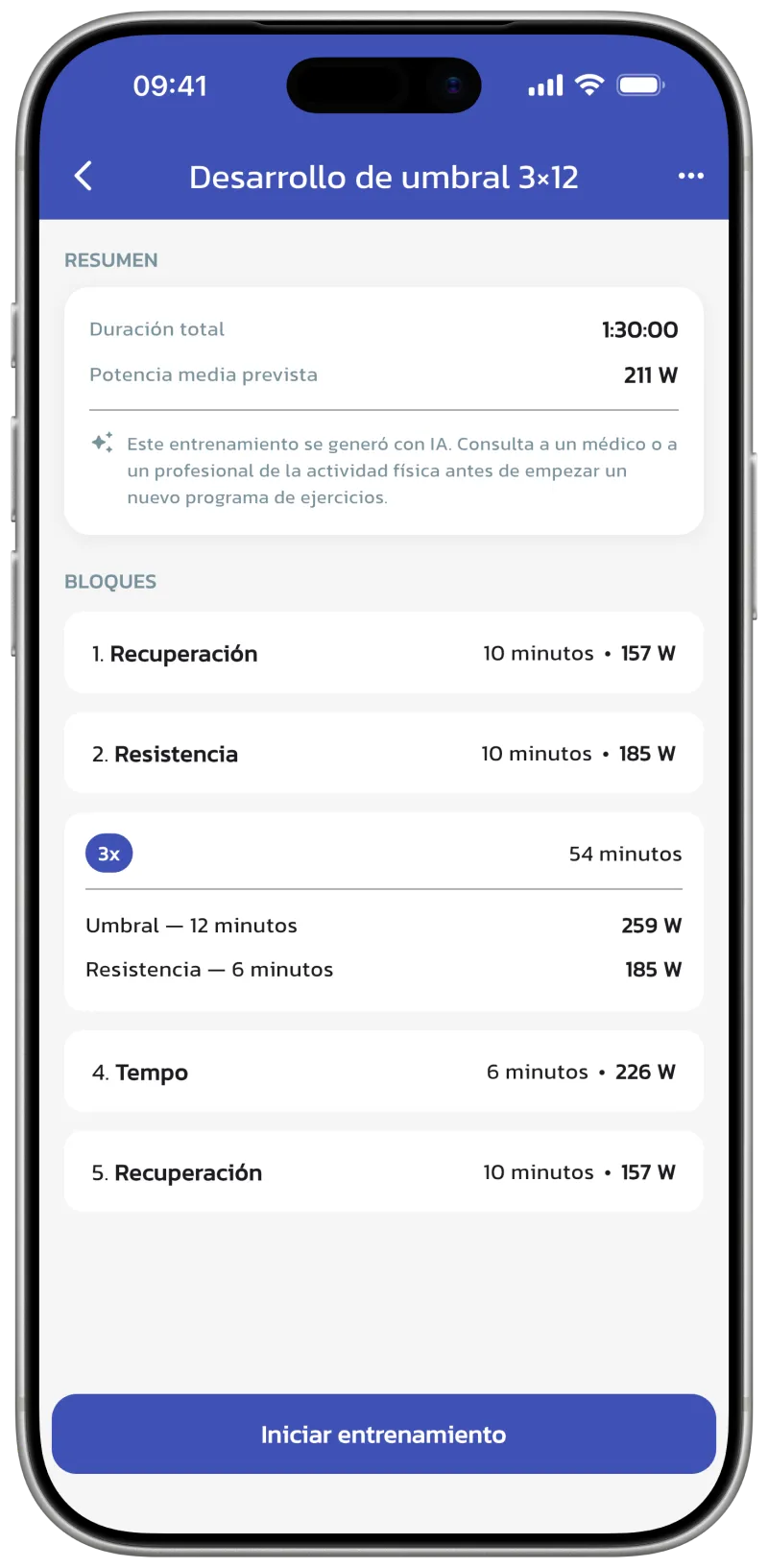 App screenshot: workout create