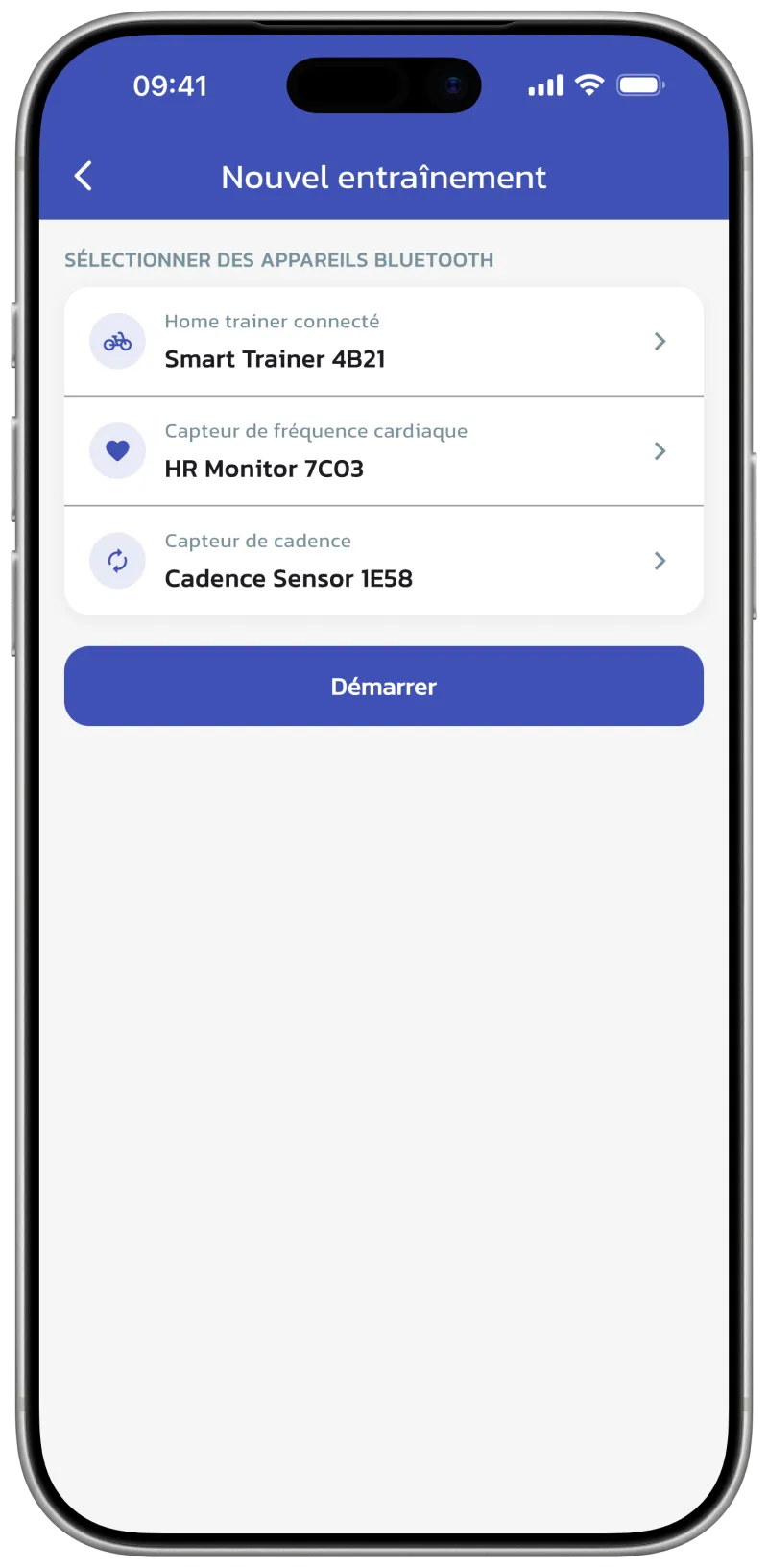 App screenshot: workout start