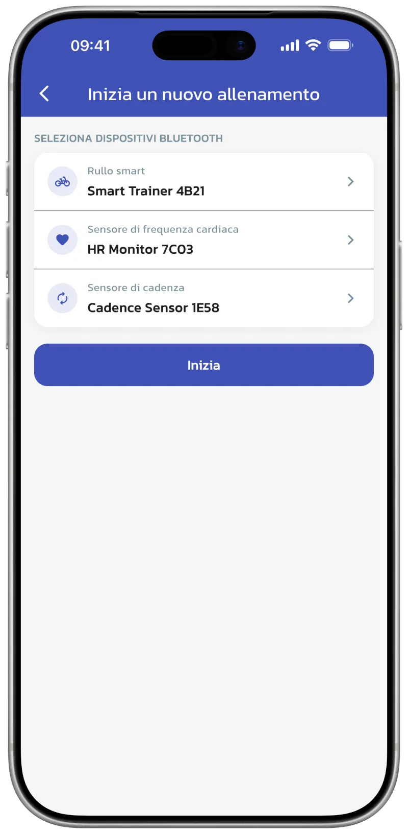 App screenshot: workout start