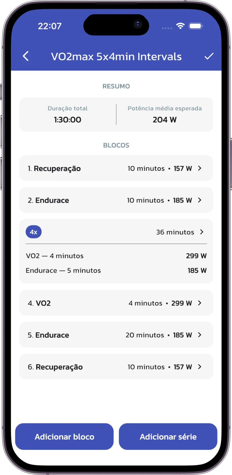 App screenshot: workout create